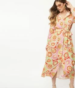 Pink Ripple Pink & Green Paisley Print Midi Shirtdress
