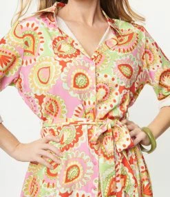 Pink Ripple Pink & Green Paisley Print Midi Shirtdress