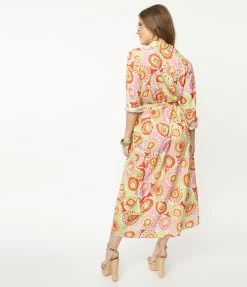 Pink Ripple Pink & Green Paisley Print Midi Shirtdress