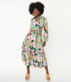 Pink Ripple Rainbow Psychedelic Print Tiered Midi Dress