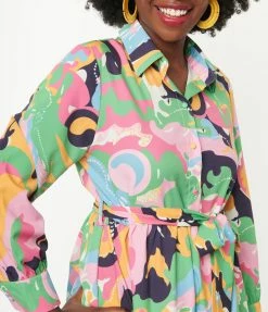 Pink Ripple Rainbow Psychedelic Print Tiered Midi Dress