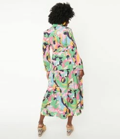 Pink Ripple Rainbow Psychedelic Print Tiered Midi Dress