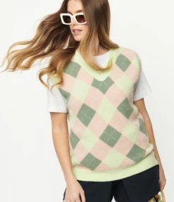 Pink Ripple Mauve & Green Fuzzy Argyle Pattern Sweater Vest Sale