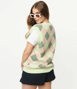Pink Ripple Mauve & Green Fuzzy Argyle Pattern Sweater Vest Sale