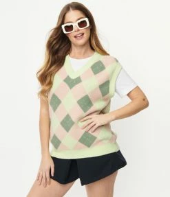 Pink Ripple Mauve & Green Fuzzy Argyle Pattern Sweater Vest Sale