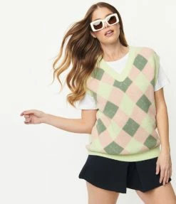 Pink Ripple Mauve & Green Fuzzy Argyle Pattern Sweater Vest Sale