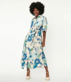 Pink Ripple Peach & Blue Floral Midi Shirt Dress Sale