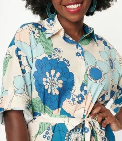 Pink Ripple Peach & Blue Floral Midi Shirt Dress Sale