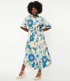 Pink Ripple Peach & Blue Floral Midi Shirt Dress Sale