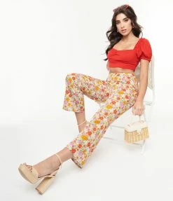 Glamorous Multicolor Retro Floral Flare Pants Sale