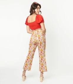 Glamorous Multicolor Retro Floral Flare Pants Sale