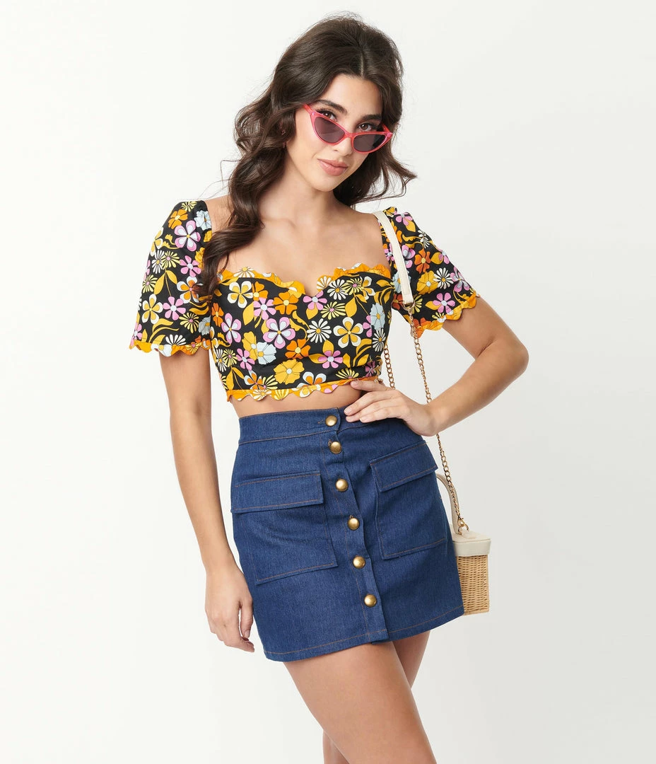 Glamorous Black & Orange Floral Crop Top Sale