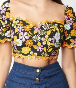 Glamorous Black & Orange Floral Crop Top Sale