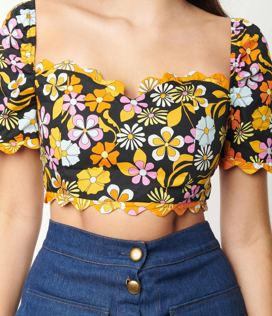 Glamorous Black & Orange Floral Crop Top Sale