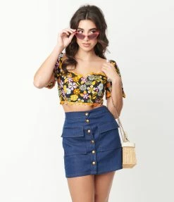 Glamorous Black & Orange Floral Crop Top Sale