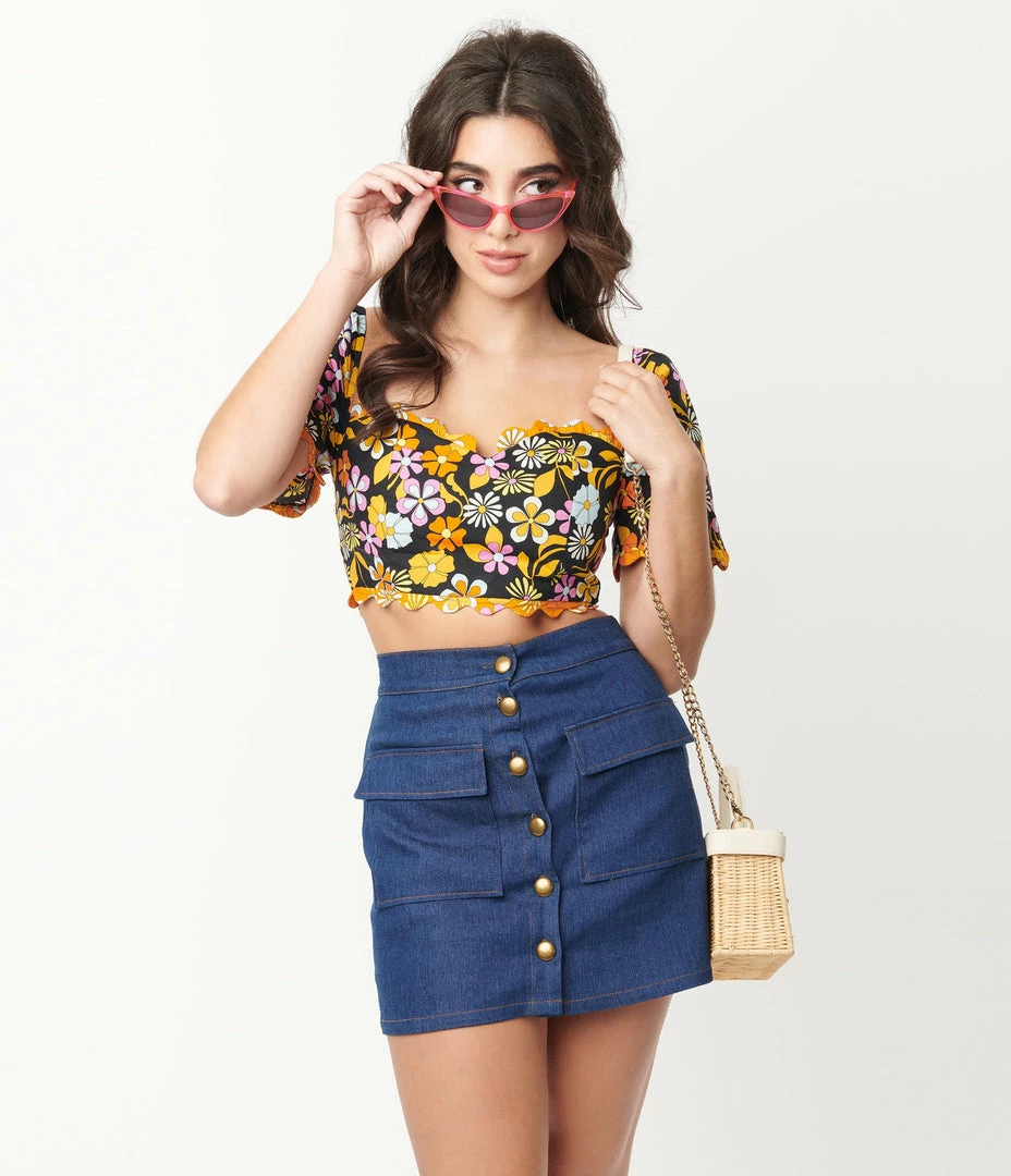 Glamorous Black & Orange Floral Crop Top Sale