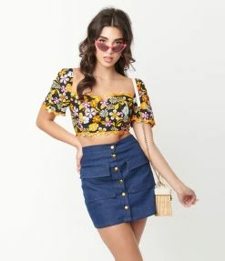 Glamorous Black & Orange Floral Crop Top Sale