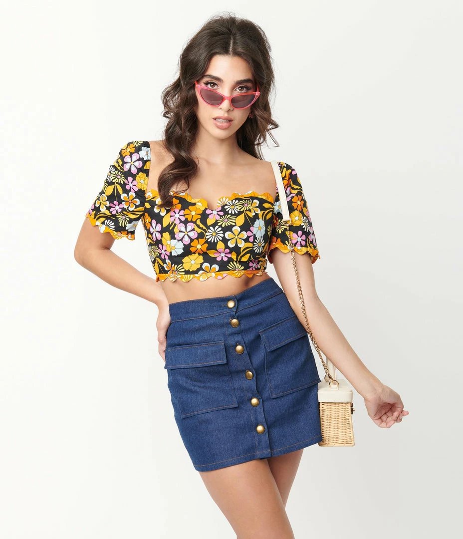 Glamorous Black & Orange Floral Crop Top Sale