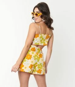 Glamorous Sale Green & Yellow Retro Daisy Tie Crop Top