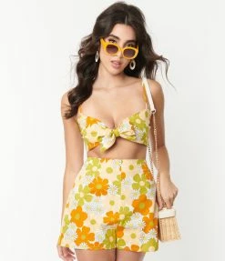 Glamorous Sale Green & Yellow Retro Daisy Tie Crop Top