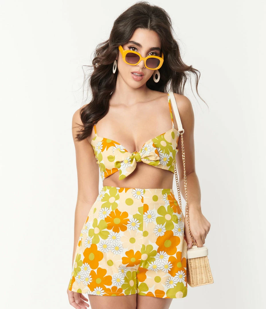 Glamorous Sale Green & Yellow Retro Daisy Tie Crop Top