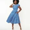 Collectif Blue Gingham & White Daisy Demira Swing Dress