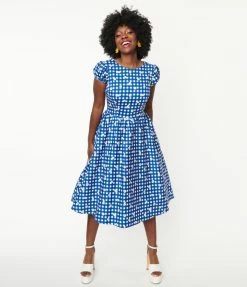 Collectif Blue Gingham & White Daisy Demira Swing Dress