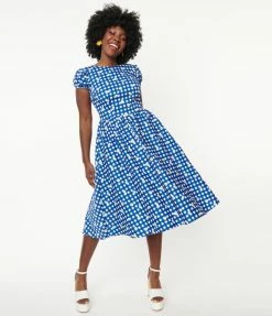 Collectif Blue Gingham & White Daisy Demira Swing Dress