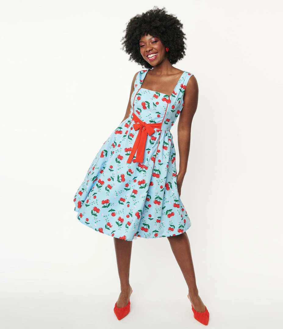 Lifestyle Group (UK) Ltd Sale Light Blue & Cherry Print Swing Dress