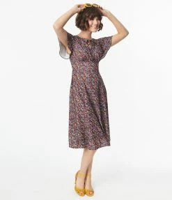 SHEEN Clothing Ltd 1950s Black & Multi Floral Swing Dress Sale