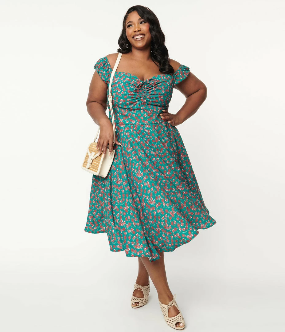 SHEEN Clothing Ltd Plus Size 1950s Green & Red Floral Sophia Swing Dress