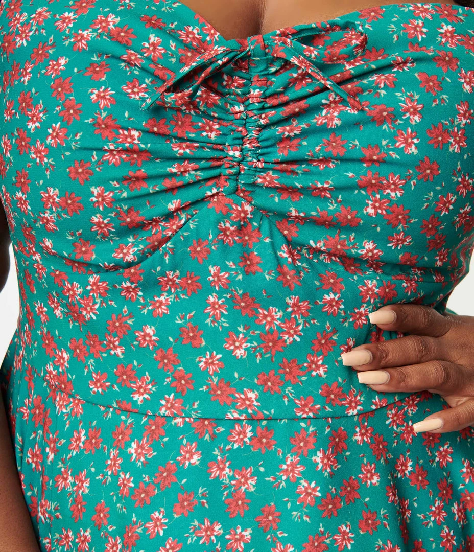 SHEEN Clothing Ltd Plus Size 1950s Green & Red Floral Sophia Swing Dress