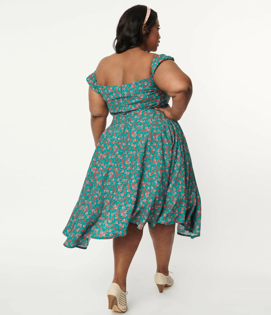 SHEEN Clothing Ltd Plus Size 1950s Green & Red Floral Sophia Swing Dress