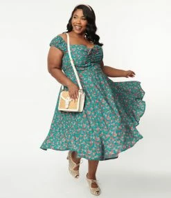 SHEEN Clothing Ltd Plus Size 1950s Green & Red Floral Sophia Swing Dress