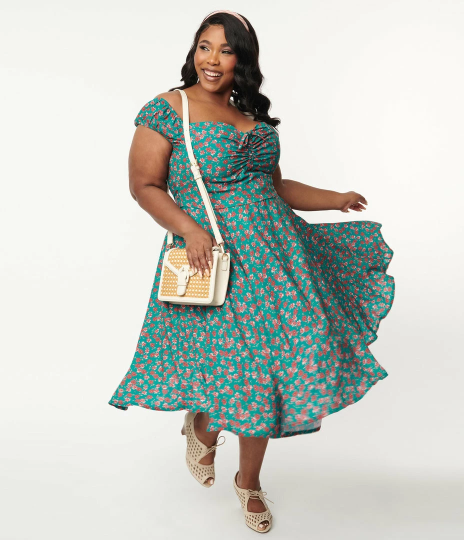 SHEEN Clothing Ltd Plus Size 1950s Green & Red Floral Sophia Swing Dress