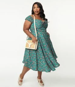 SHEEN Clothing Ltd Plus Size 1950s Green & Red Floral Sophia Swing Dress