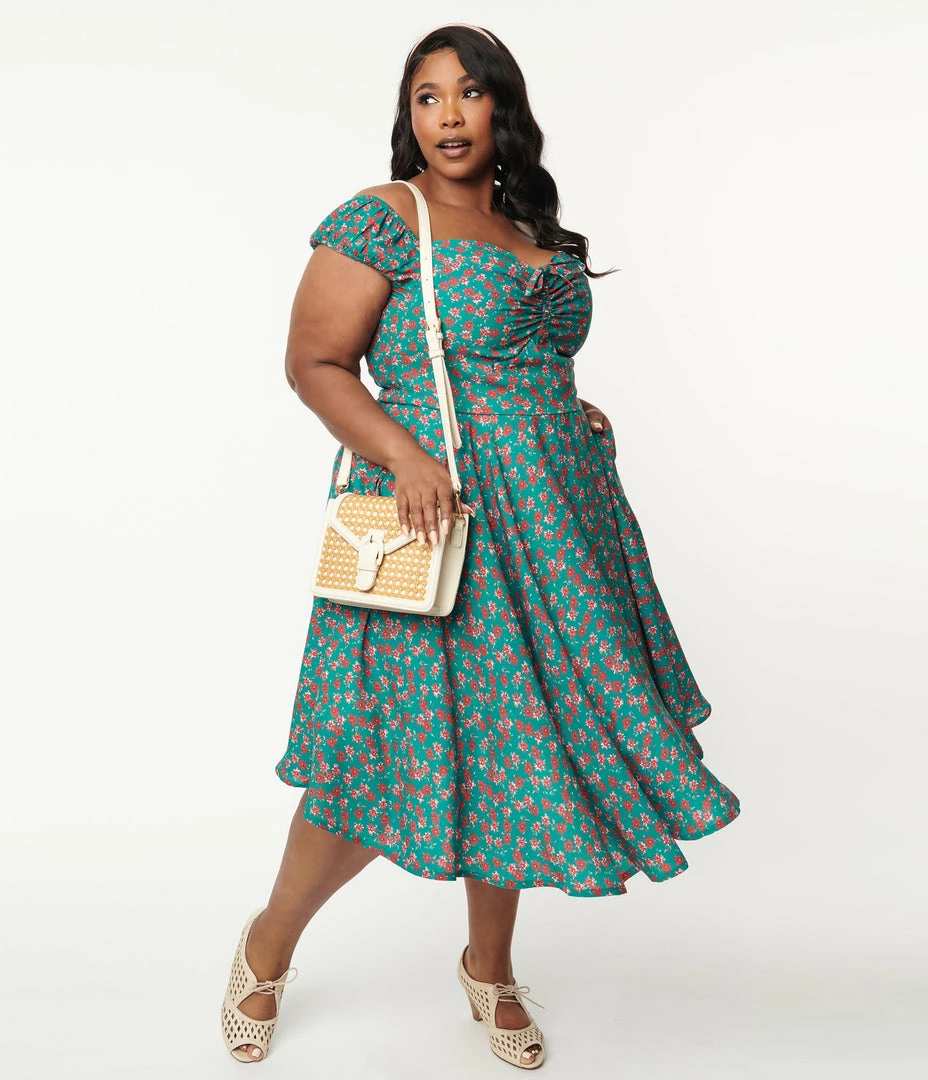 SHEEN Clothing Ltd Plus Size 1950s Green & Red Floral Sophia Swing Dress
