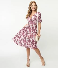 SHEEN Clothing Ltd Sale Pink & Purple Tropical Leaf Print Riley Swing Dress