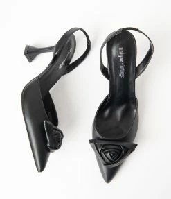 Unique Vintage Black Leatherette Rose Pointed Toe Heels