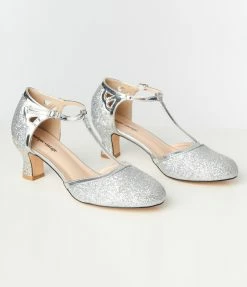 Unique Vintage Silver Glitter T-Strap Pumps New Arrivals!