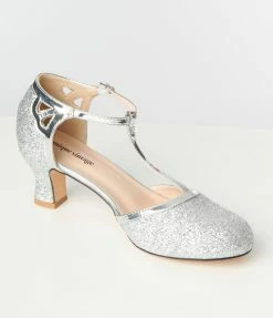 Unique Vintage Silver Glitter T-Strap Pumps New Arrivals!