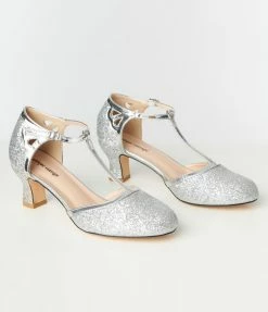 Unique Vintage Silver Glitter T-Strap Pumps New Arrivals!