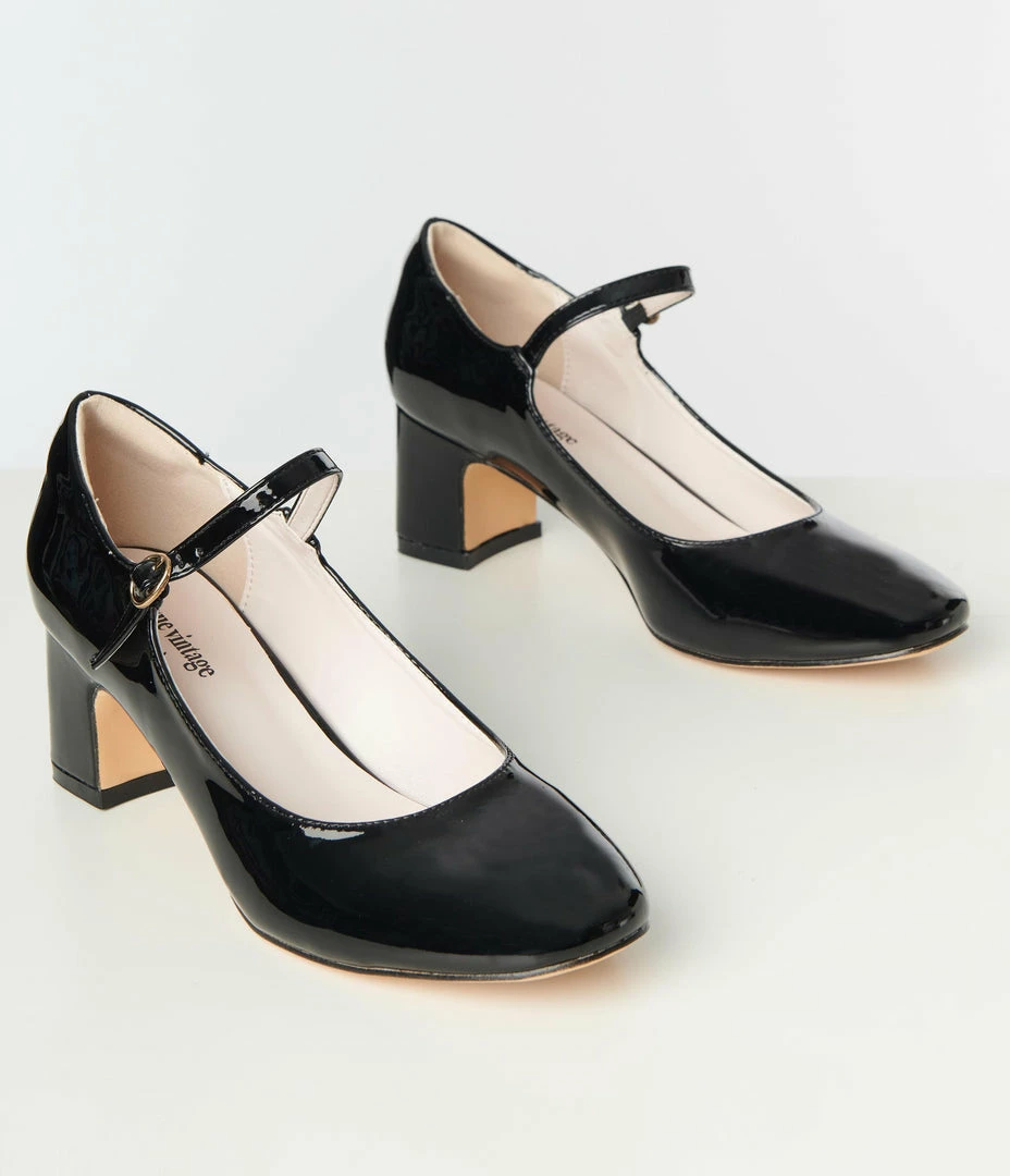 Unique Vintage Black Patent Leatherette Mary Jane Block Heels