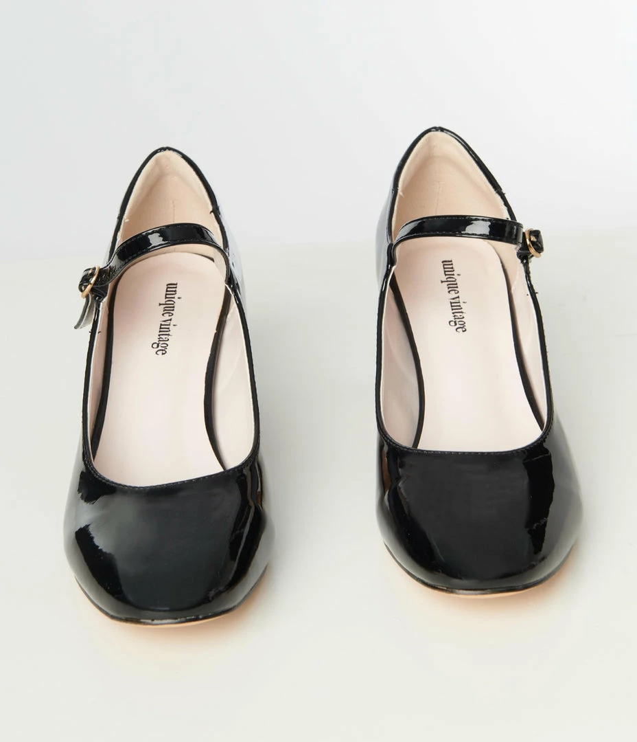 Unique Vintage Black Patent Leatherette Mary Jane Block Heels