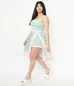 Sale Unique Vintage Green Striped & Multicolor Polka Dot Rye Swing Skirt