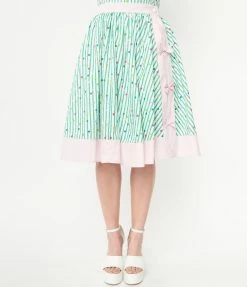 Sale Unique Vintage Green Striped & Multicolor Polka Dot Rye Swing Skirt