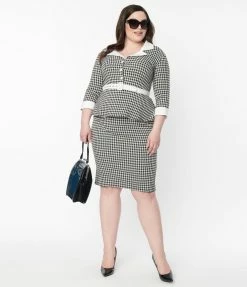 Unique Vintage Plus Size Black & White Houndstooth Cooper Suit Dress