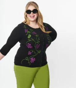 Unique Vintage Plus Size Black & Grape Vine Embroidered Bookworm Cardigan