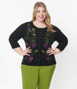 Unique Vintage Plus Size Black & Grape Vine Embroidered Bookworm Cardigan