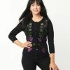 Trending Unique Vintage Black & Grape Vine Embroidered Bookworm Cardigan